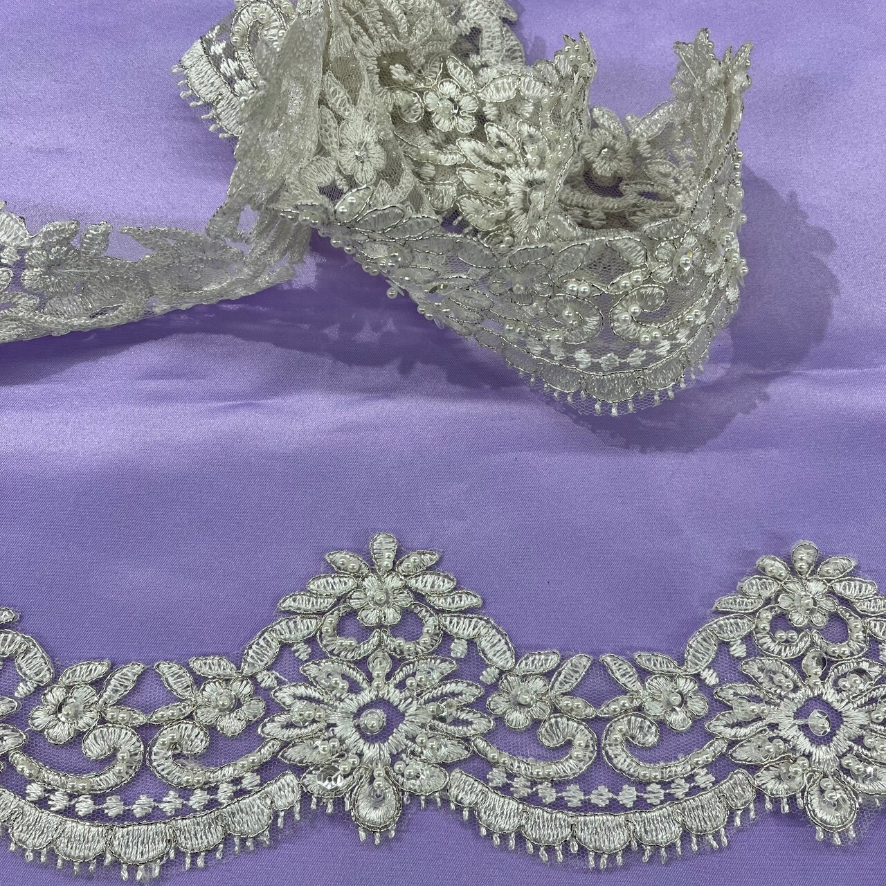 1 Yard Beautiful Beaded Corded Lace Trimming Embroidered Polyester Net Mesh for Dresses 1.5 Inch Width